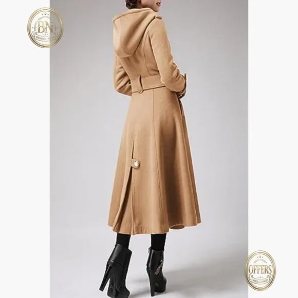 Long Wool Blend Trench Coat with Hood and Belts